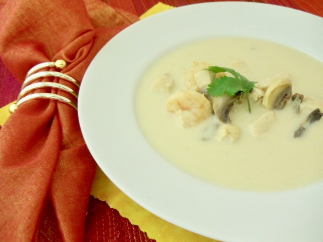 Coconut Chicken & Shrimp Soup is a delicious mix of broth, coconut milk, lemongrass, chicken and mushrooms. Inspired by the Thai favorite Yum or Tom Kha Gai, this soup will transport your tastebuds to Thailand!