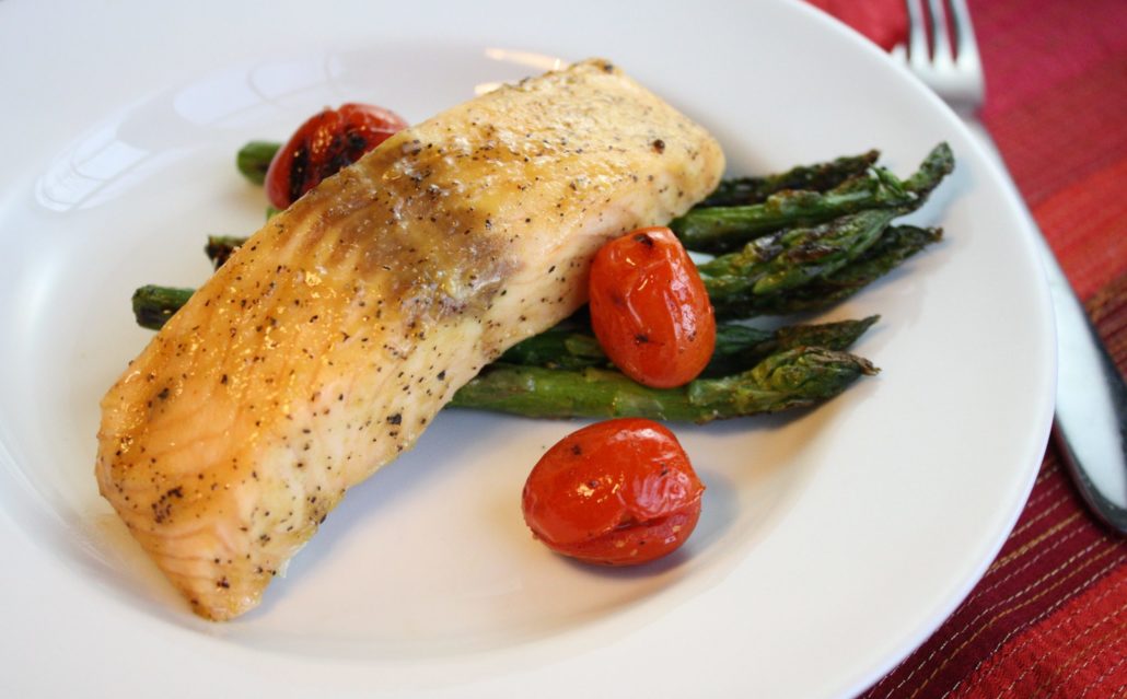 Honey Mustard Salmon with Grilled Asparagus & Tomatoes