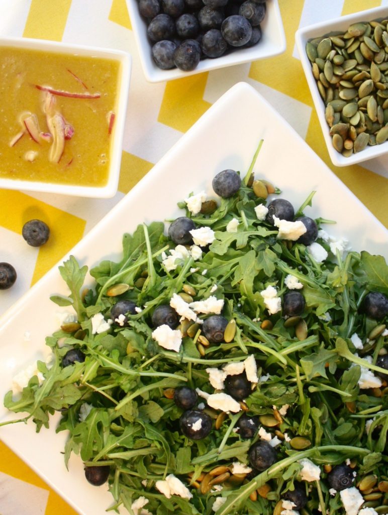 Arugula Salad with Blueberries, Pumpkin Seeds & Feta