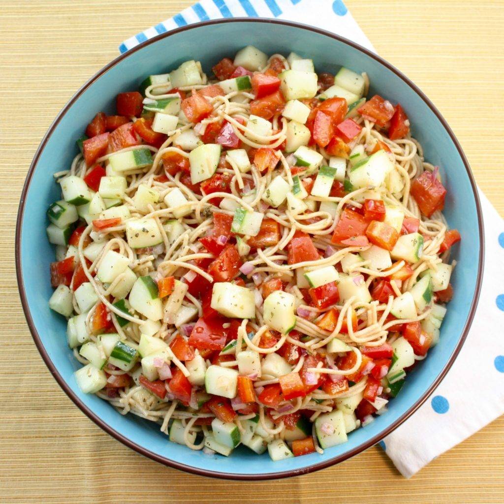 This Veggie Spaghetti Salad’s a no-brainer. Boil a little pasta. Chop a few veggies. Toss with an out of this world delicious Italian Dressing and your too-hot-to-turn-on-the-oven salad’s ready to serve!