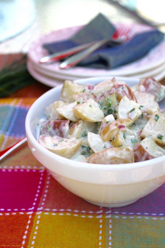 This Chive & New Potato Salad is in regular rotation in my kitchen.  It’s so easy to make and is delicious chilled or at room temperature. 