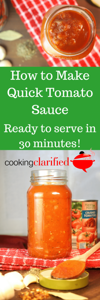 My Quick Tomato Sauce recipe turns homemade sauce into a weeknight reality! Seriously. This recipe takes you from a spin around a sauté pan to a bowl full of pasta in less than an hour. Chopping the onion and mincing the garlic are the most time-consuming tasks. Even better, you likely have all the ingredients you need to make this sauce in your pantry. Score! You can serve it as is with your pasta of choice or use it as a base for other sauces.