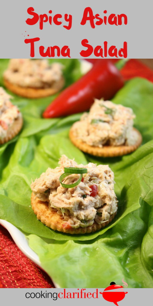 Tired of plain, old tuna and crackers? Adding a handful of Asian pantry ingredients upgrades your everyday tuna salad, turning it into a quick, finger food fancy enough to share with guests. I like this Spicy Asian Tuna Salad on my favorite whole wheat crackers but you can serve this up on lettuce cups, toast points or cucumber cups.