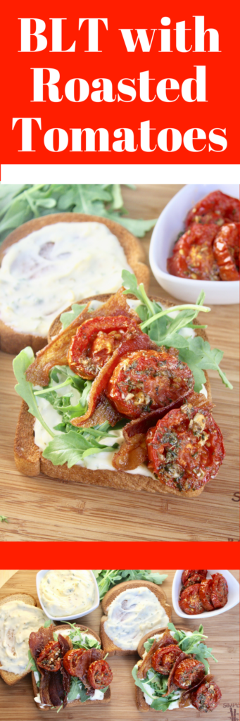 Learn how to Roast Tomatoes and make this BLT with Roasted Tomatoes. This is NOT your run of the mill BLT. I’ve taken the standard ingredients (bacon, lettuce and tomato) and turned them up about a thousand notches. Bacon, well the bacon remains untouched because there’s no improving perfection. Boring iceberg or romaine lettuce is replaced with peppery arugula, mayo with my fantastic Garlic Herb Mayo and the role of tomato is now being played by those roasted tomatoes I’ve been going on about. All of these combine to create a delicious symphony of flavor and texture that’s almost too much for a humble sandwich. 