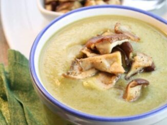 Creamy Broccoli Soup with Mushrooms in a bowl